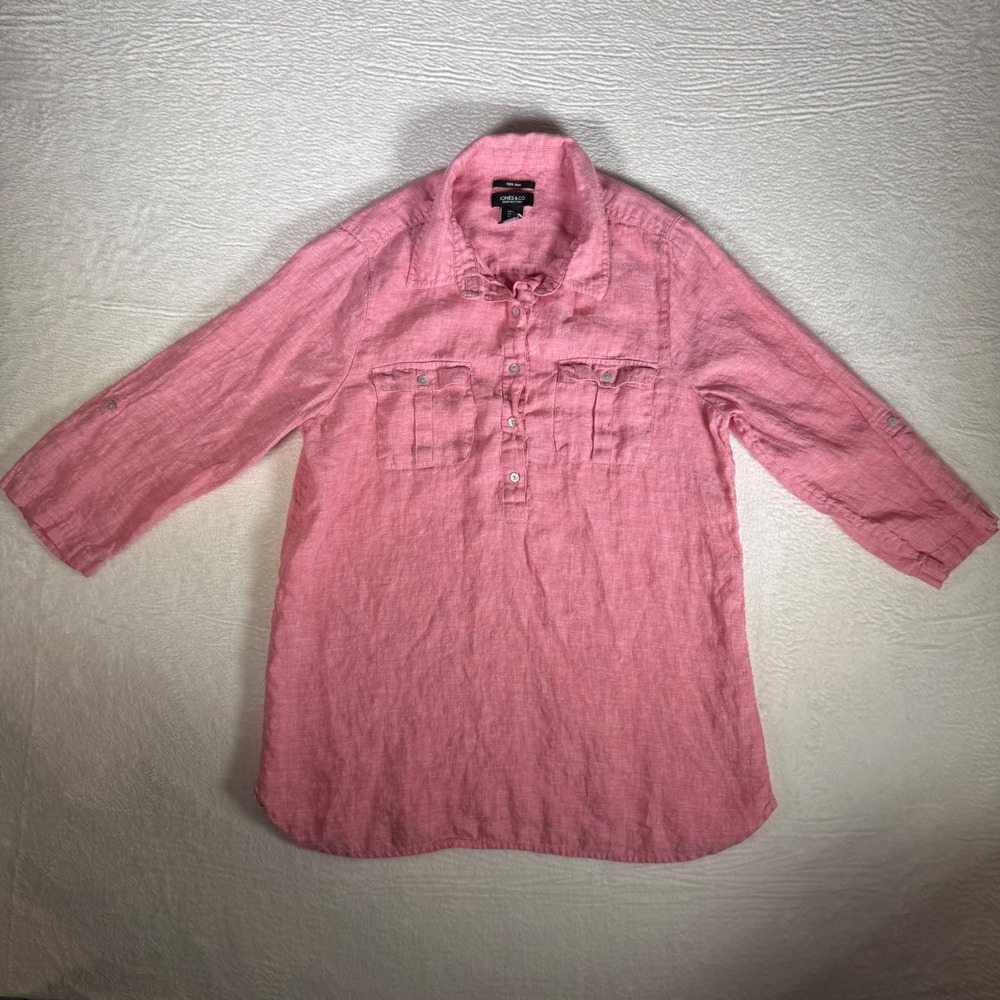 JONES & CO Pink 100% Linen 1/4 Button Up Tunic Shirt Women Large 3/4 Sleeve